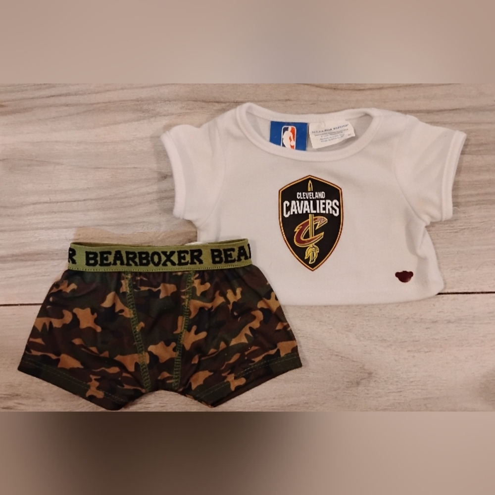 Build a bear Cleveland Cavaliers Tshirt & camo boxer shorts outfit